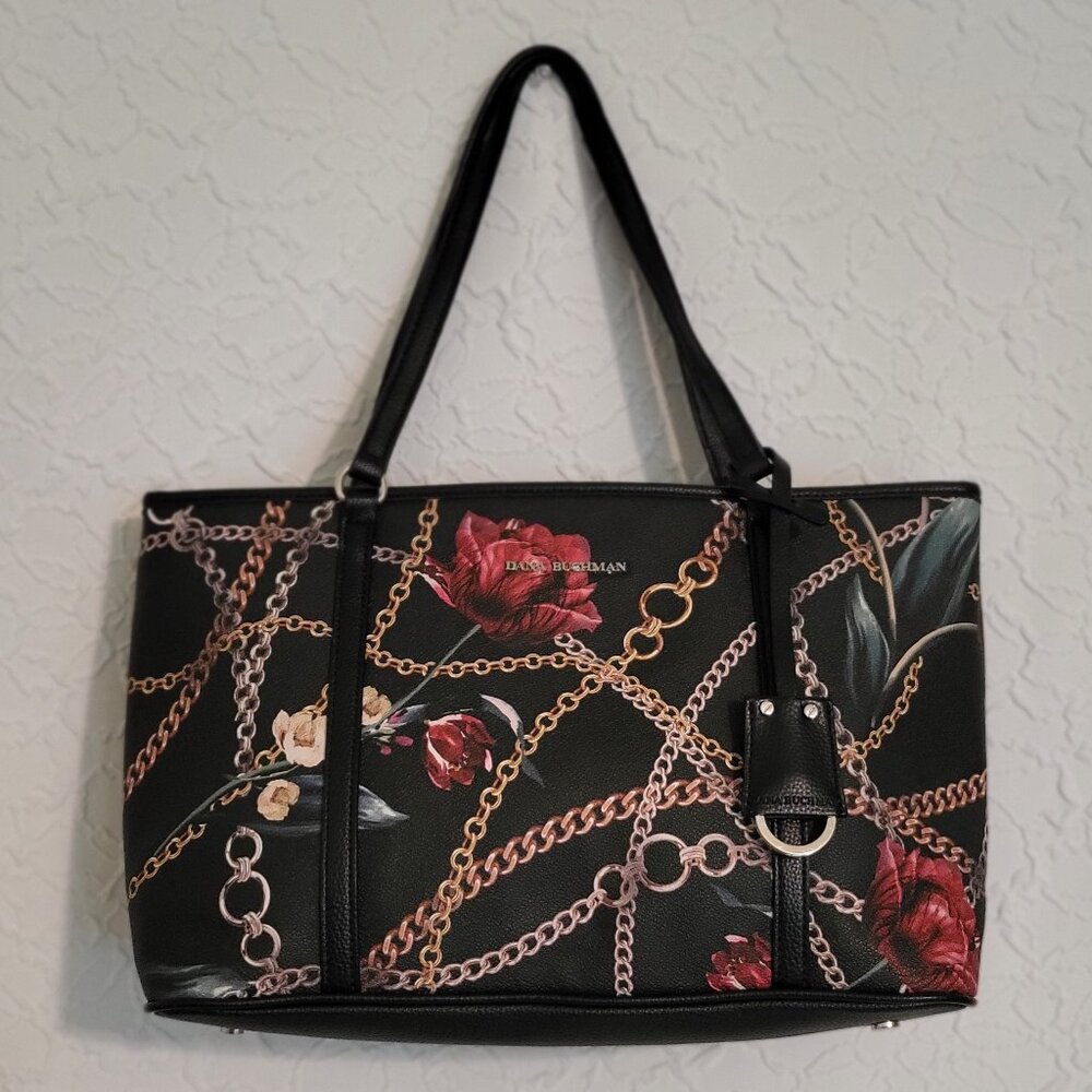 Dana Buchman Black with Red Roses & Gold Chains Faux Leather Shoulder Bag
